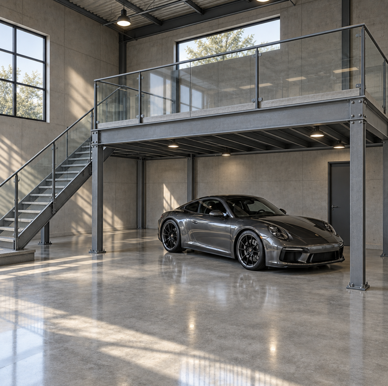 Gray steel mezzanine with glass railings and a matching staircase above a sports car in an industrial garage.