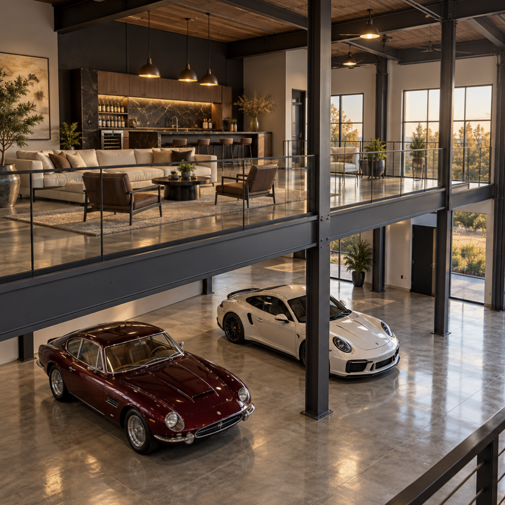 Luxury garage with two sports cars beneath a steel mezzanine featuring glass railings, a lounge and a wet bar.
