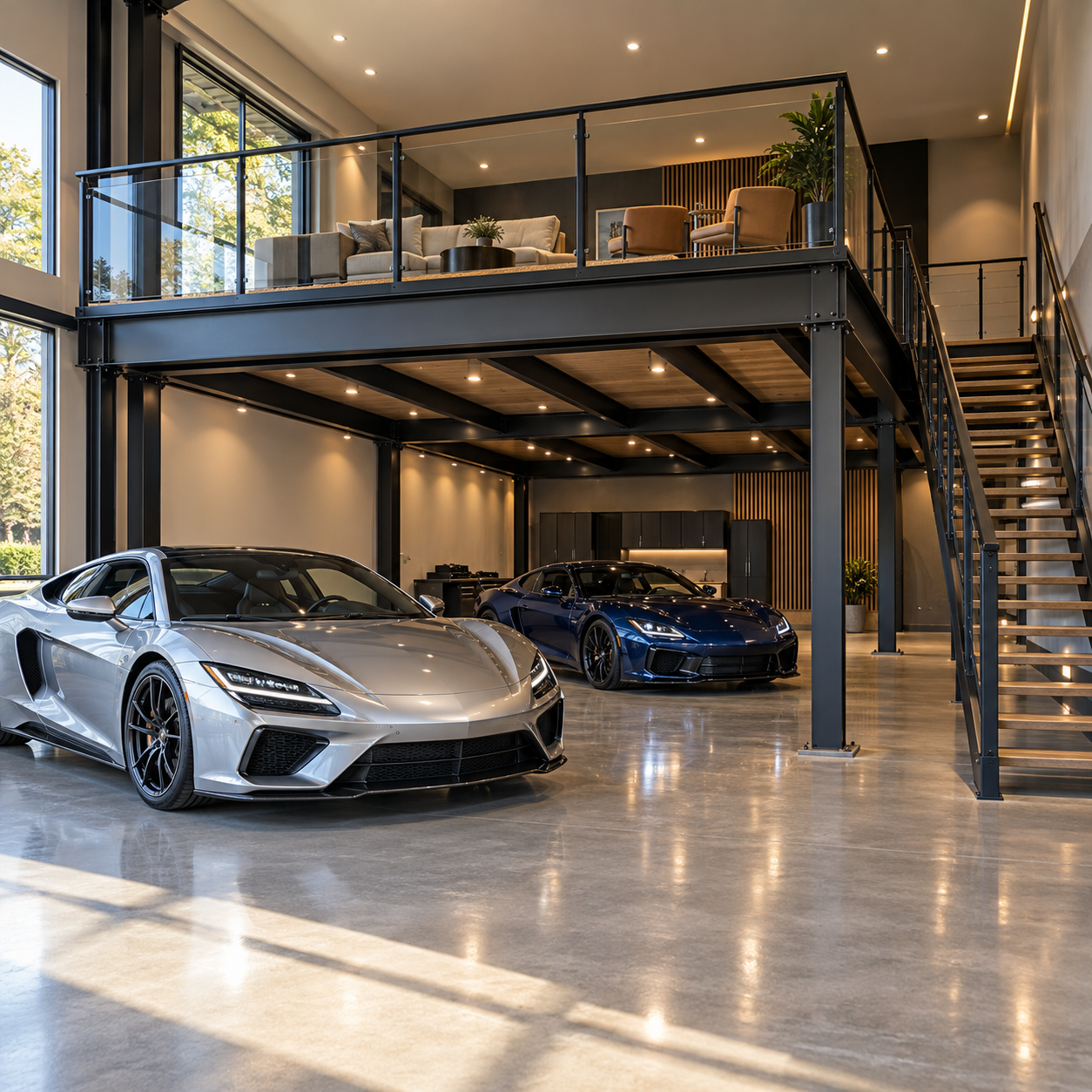 Luxury car garage with a steel mezzanine, glass railings, an upper lounge and two sports cars below.